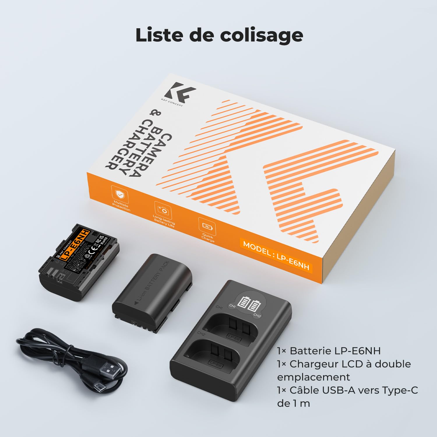 K&F Concept LP-E6NH Batterie 2600mAh Haute Capacité Double Fentes Écran LCD Chargeur Compatible avec Canon EOS R7 R6 R5 5D Mark II/III/IV 6D 6D Mark II 7D II 90D 80D 70D Caméras