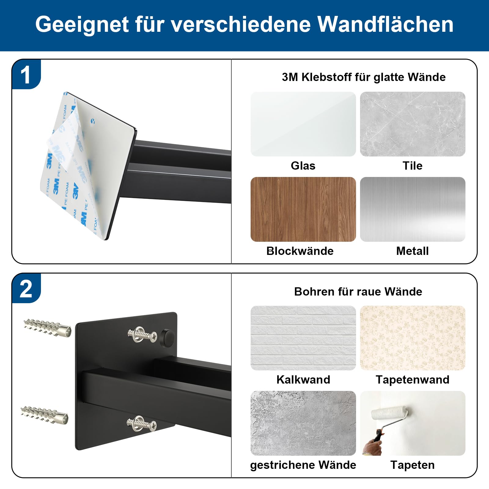 JS Handtuchhalter ohne Bohren Schwarz/mit Bohren Handtuchstange SUS304 Edelstahl Wand für Bad & Küche Badetuchhalter Badezimmer Doppelt