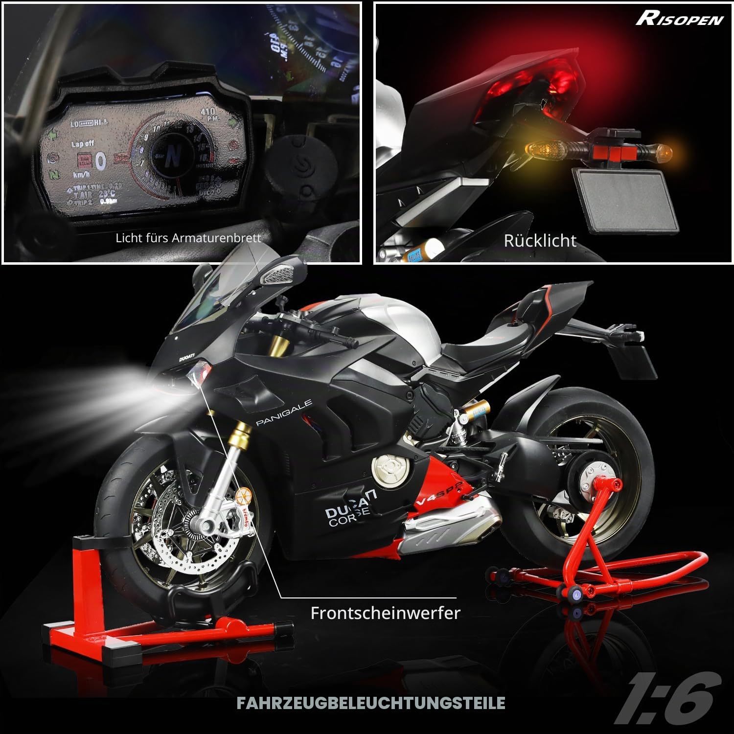 1:6 Motorrad-Modell passend für die Ducati Panigale V4 SP2 | Wasserspray Auspuff Startgeräusch Licht per Schlüsseldreh befüllbarer Wassertank für 12-Zoll-Puppen ideal für Sammler