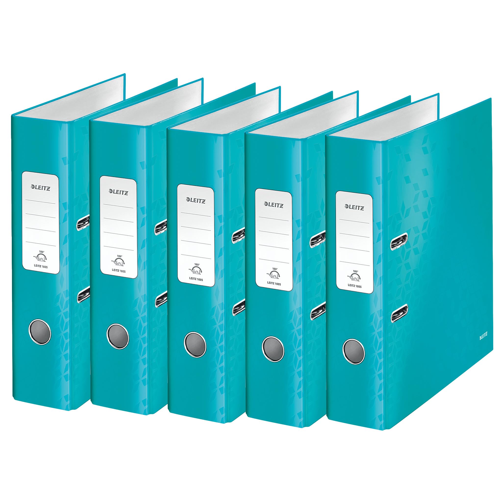 Leitz 10054051 Quality Folder 180° Pack of 5 A4 8 cm Spine Width Laminated Grey Board Ice Blue Wow Series Design May Vary — image 1