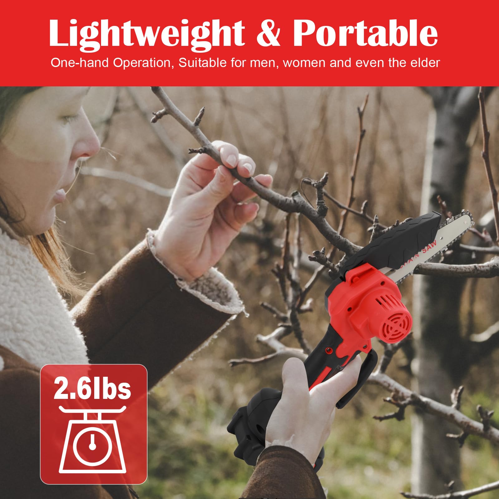 Mini Motosega 24V con Batteria da 8000mAh, Motosega Senza Filo da 6 Pollici con 2 Batterie Potenti e 2 Catene – Blocco di Sicurezza e Motore Ad Alta Potenza per Potatura Alberi e Cura del Giardino
