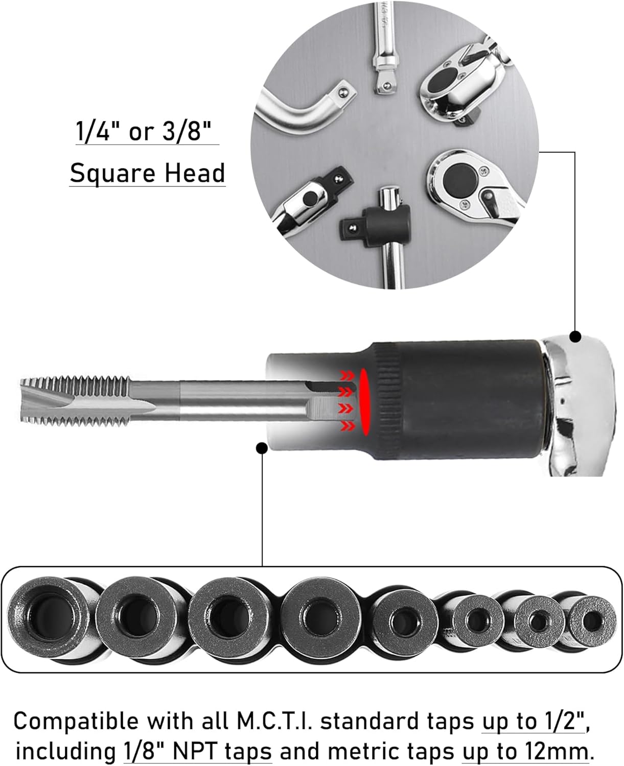8PCS Tap Socket Set with 1/4" & 3/8" Square Drive Carbon Steel Tap Sockets Adapter for Socket Wrench Compatible with All MCTI Standard Taps for 1/2" & 1/8" NPT Taps and Metric Taps Thru 12mm