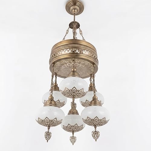 6-Globe Turkish Moroccan Chandelier, Antique Brass Boho Ceiling Light with