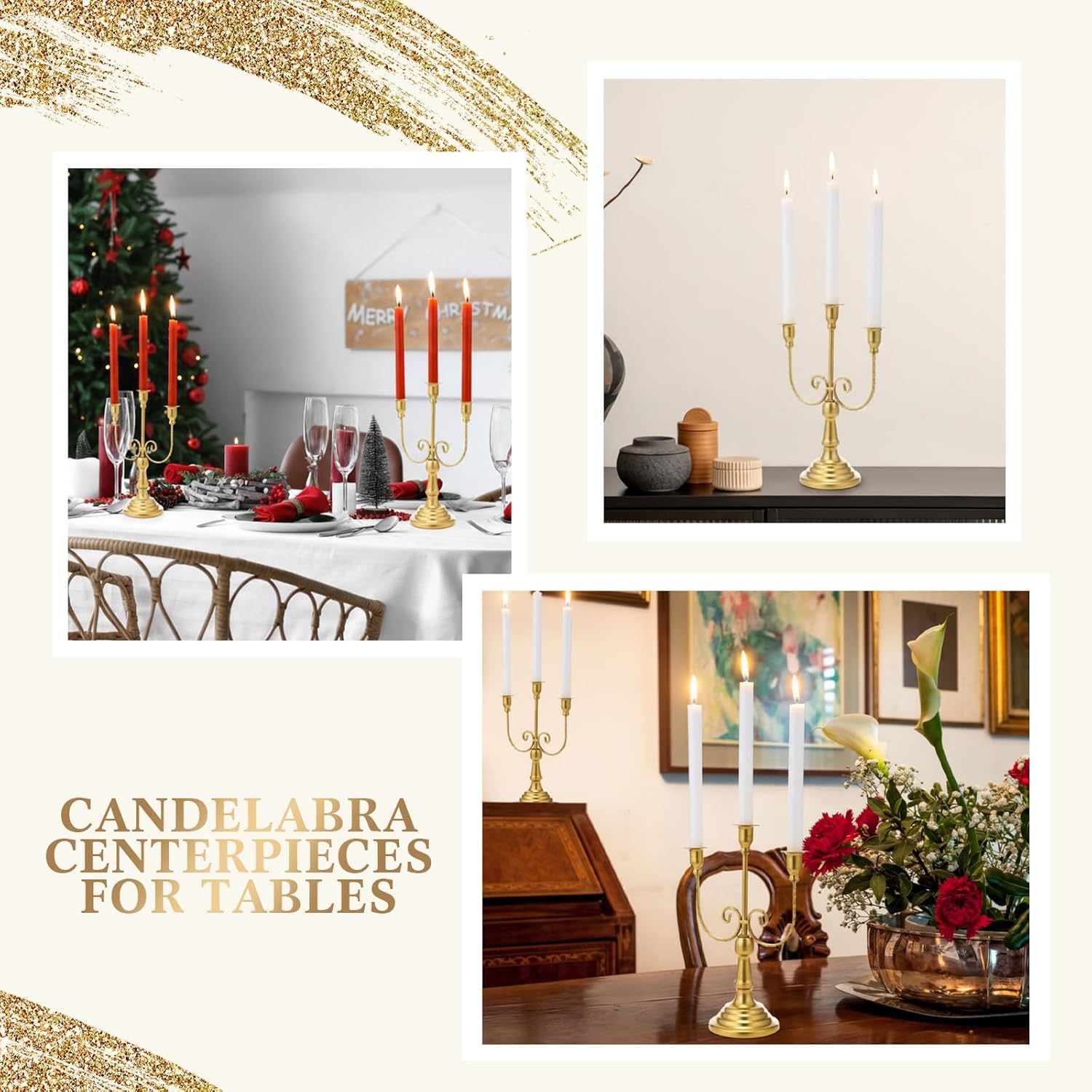 Dandat 3 Pcs 3 Arm Metal Candelabra Candlestick Holders Tall Candlestick Holders Gothic Candle Holder for Home Wedding Church Christmas Party (Retro,11.8 Inch,Gold)
