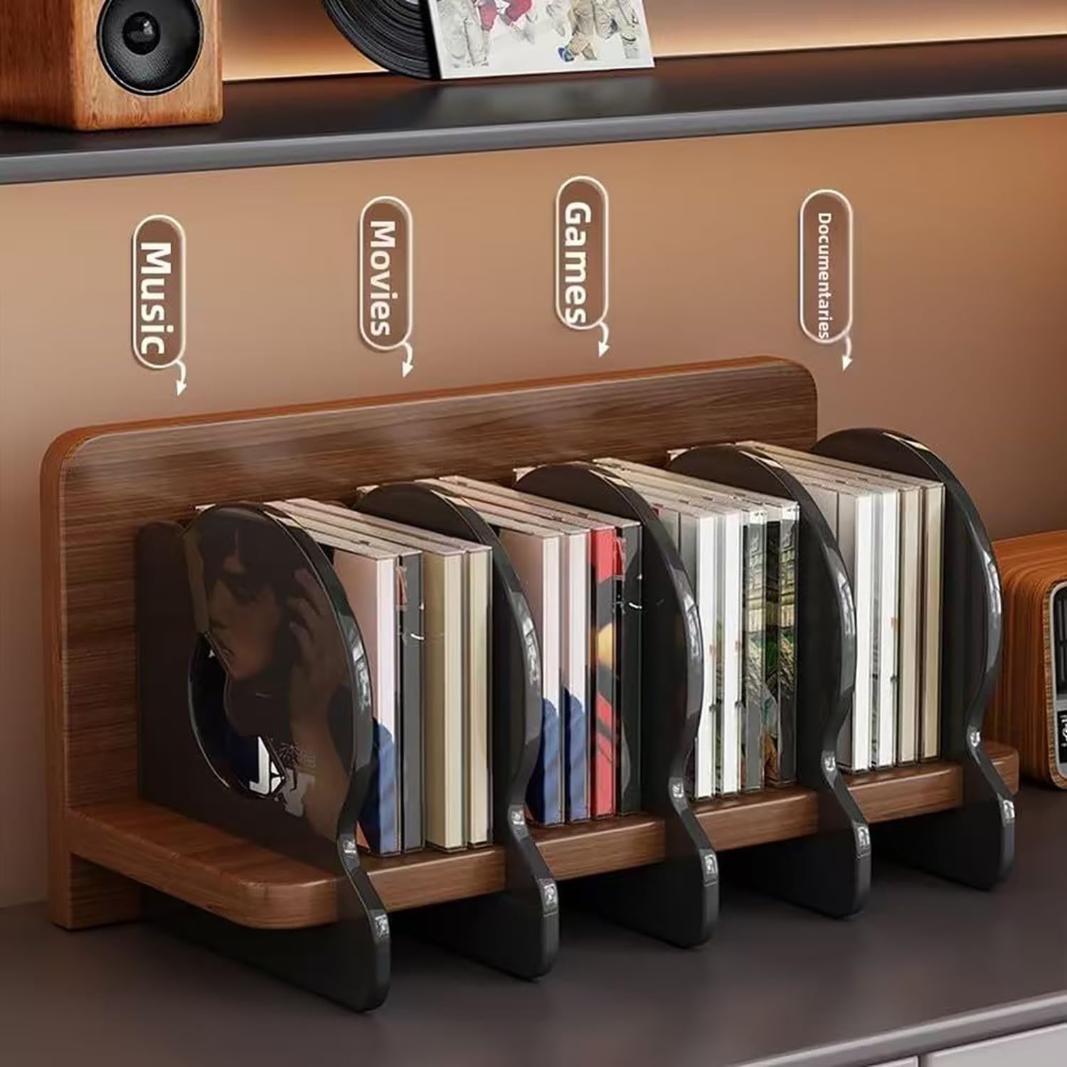 Présentoir à CD en acrylique - Étagère de rangement multifonction moderne pour disques vinyles et CD - Design compact avec compartiments séparés - 35,5 x 16,2 x 18,7 cm