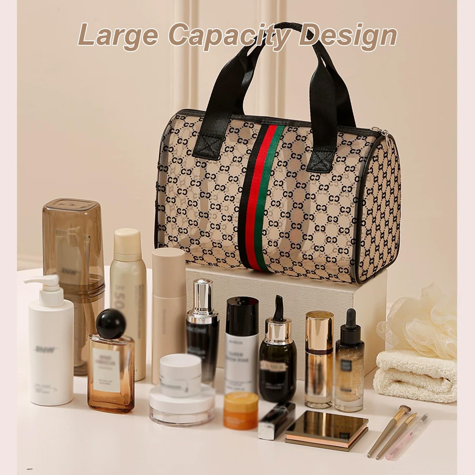 Kleine Kosmetiktasche, Kleine Make up Tasche Tragbare Reise Schminktasche wasserdichte PU Leder, Bedrucktes Muster, Bequemer Griff, für das Ständige Streben Nach Schönheitsideal(Black)