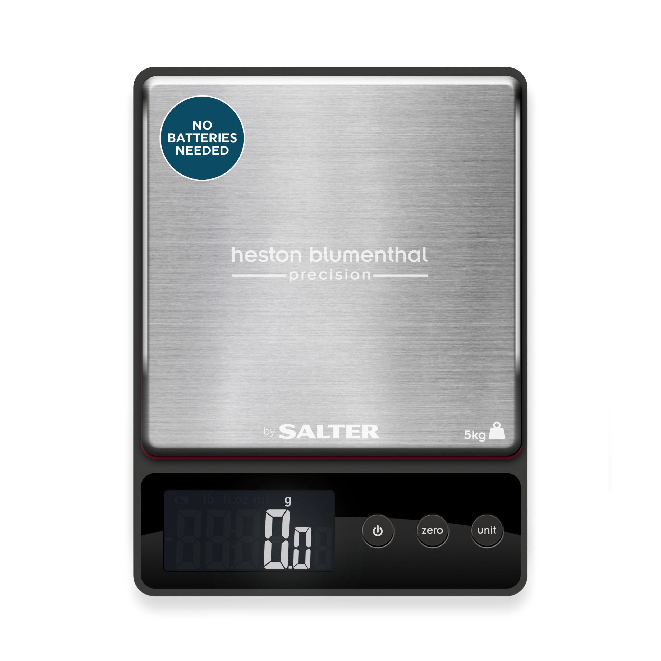 Heston Blumenthal by Salter 1140A HBBKDR Digitale Küchenwaage - 5kg Kapazität, Messung in Präzisions 0,5g-Schritten, Hinzufügen und Wiegen/Tarafunktion, Edelstahl Plattform, Messen Sie Flüssigkeiten