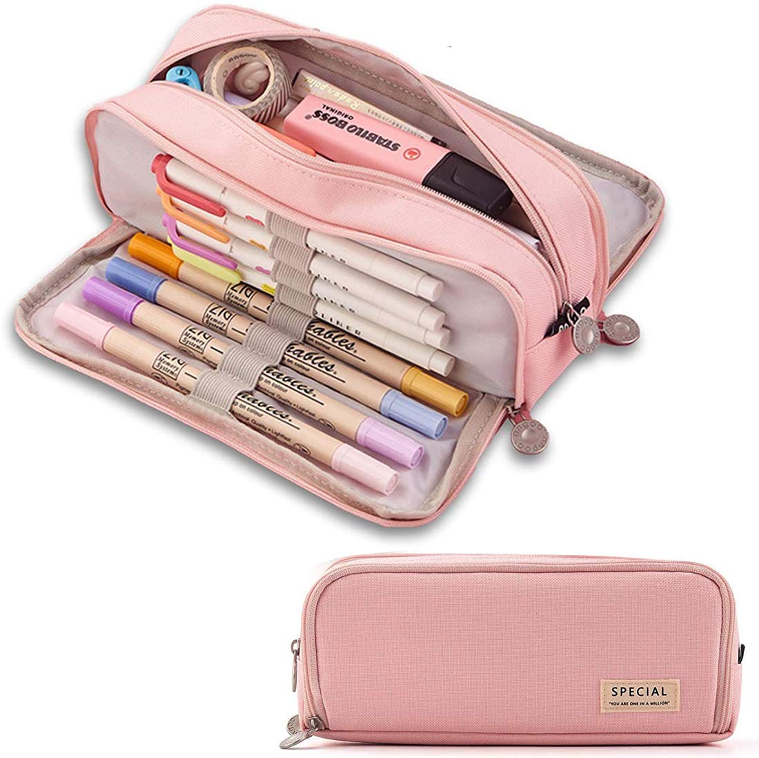 SeBeLi Pencil Case, Big Capacity 3 Compartments Canvas Makeup Cosmetic Pouch for Teen Boys Girls School Students Office (Pink)