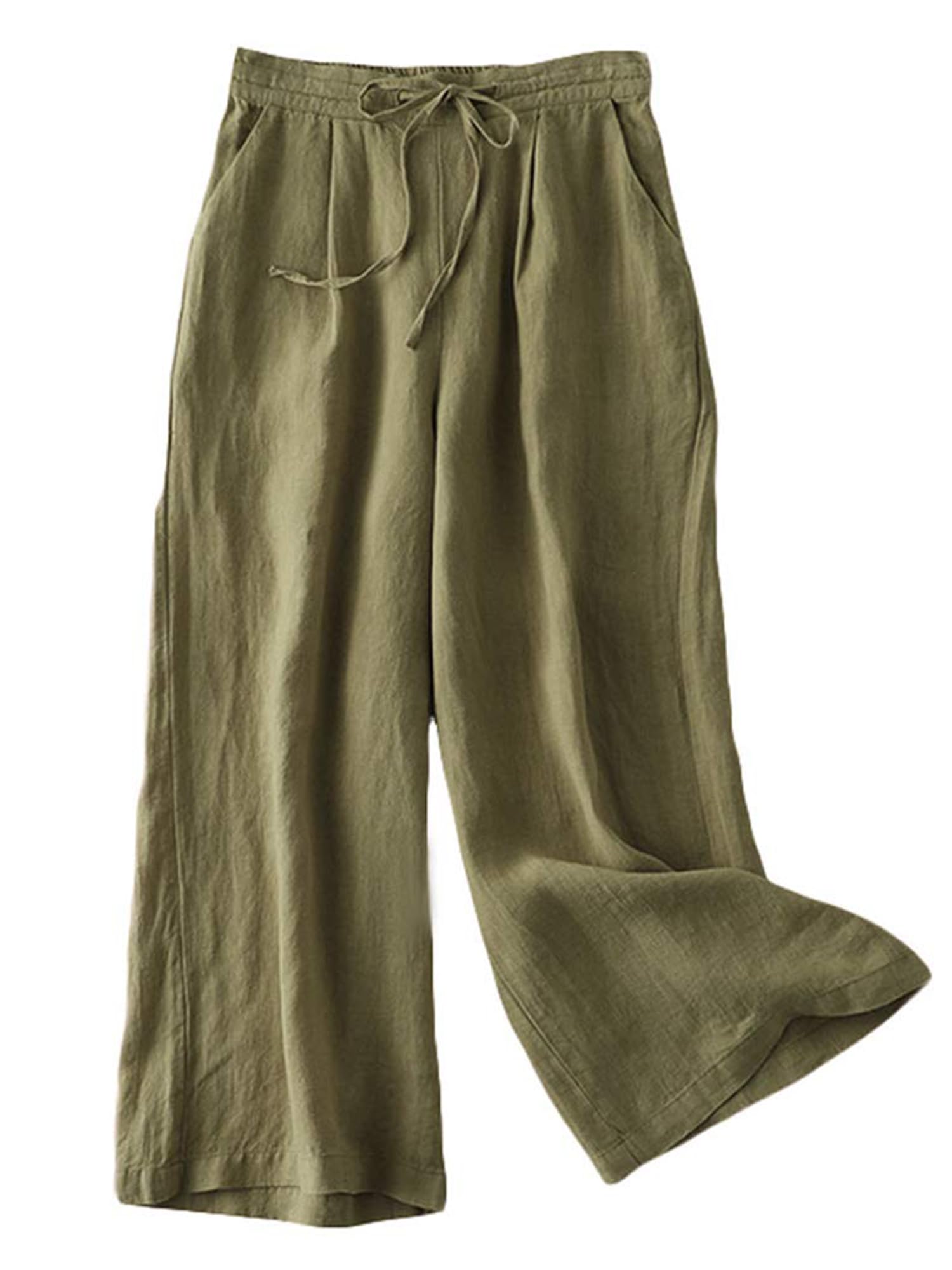 FTCayanz Pantalon Femme Lin Jambe Large Casual Léger Pantalon Palazzo avec Cordon de Serrage