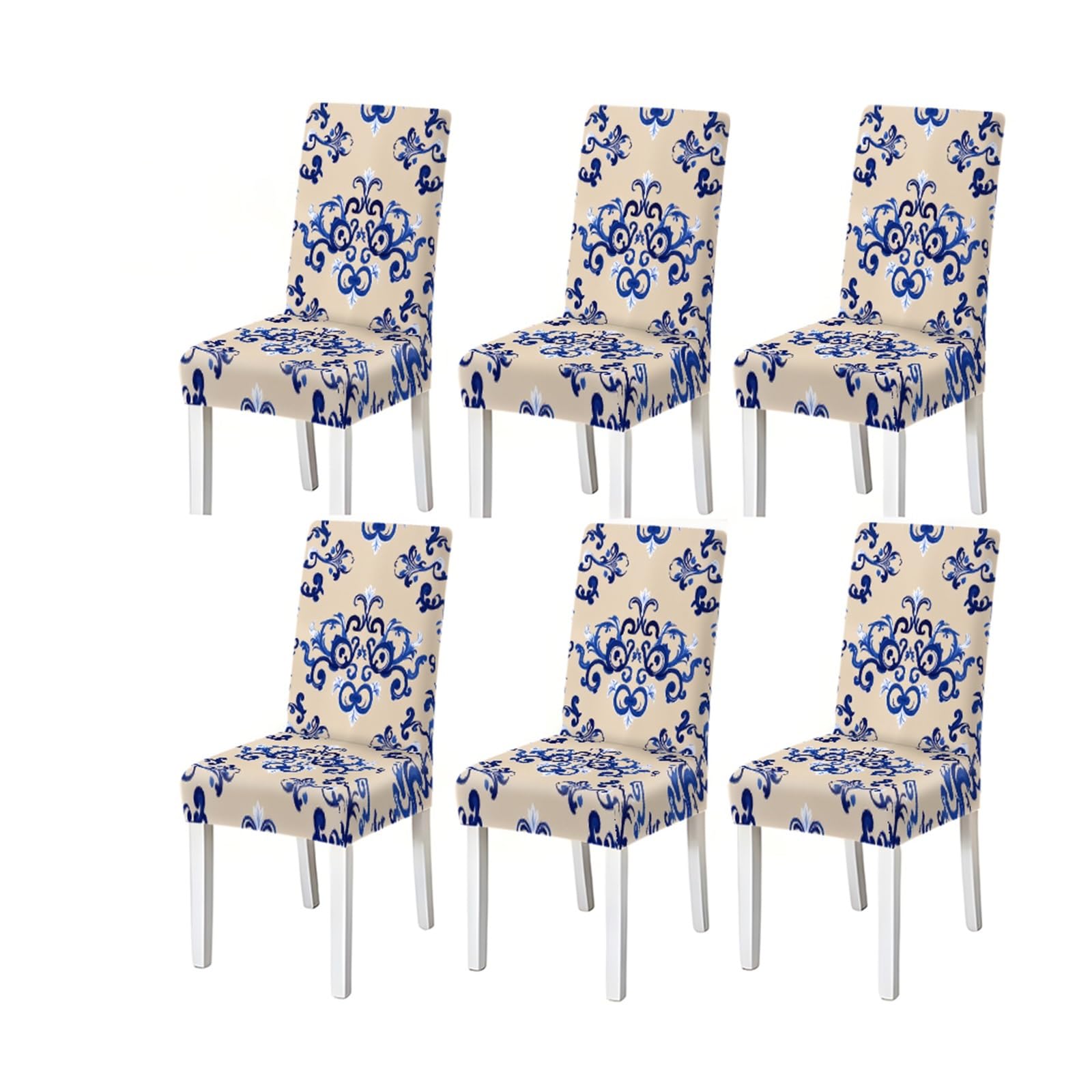 FZJKGH Beige Blue Baroque Damask Floral Pattern Print Dining Chair Covers Set Of 2/4/6, Stretch Slipcovers For Kitchen Dining Room Removable Stretch Slipcovers for Dining Chairs(6PCSChair cover)
