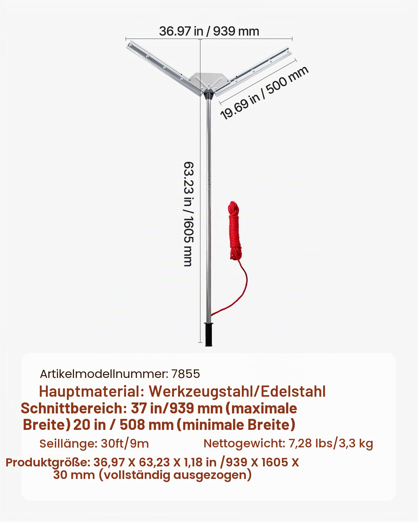 VEVOR Teichrechen, Wasser Unkrautrechen mit 939 mm max. Schnittbreite, Stahlklingen, See-Unkrautschneider mit 9 m Nylonseil, Seerechen zum Entfernen von Rohrkolben, Schilf, Seerosenblätter