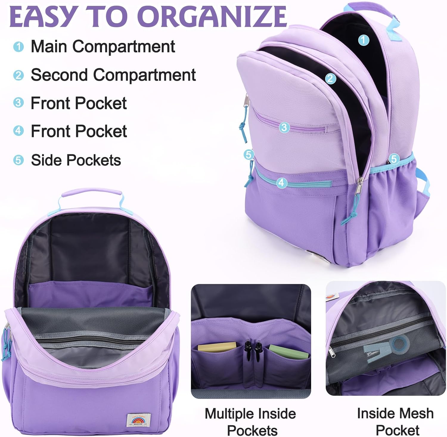 VASCHY School Backpack, Lightweight Classic Cute Aesthetic Bookbag Daypack for Teen Boys Girls Traveling/Gym/Middle School Lightweight Purple - Image 4
