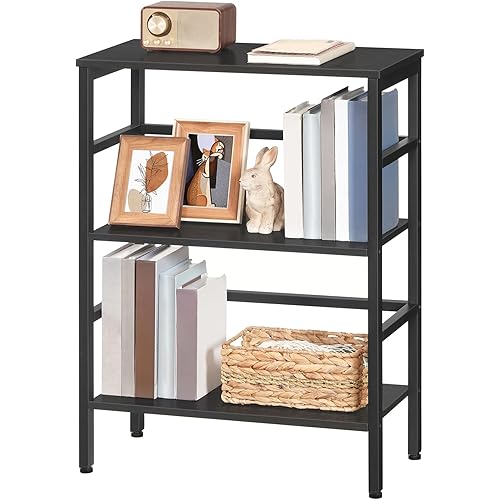 HOOBRO 3 Tier Bookshelf, Industrial Bookcase, Record Storage Rack with Side Fence, Wood Storage Shelf with Metal Frame, Rustic Open Display Shelf for Living Room, Bedroom, Black BB86CJ01G1