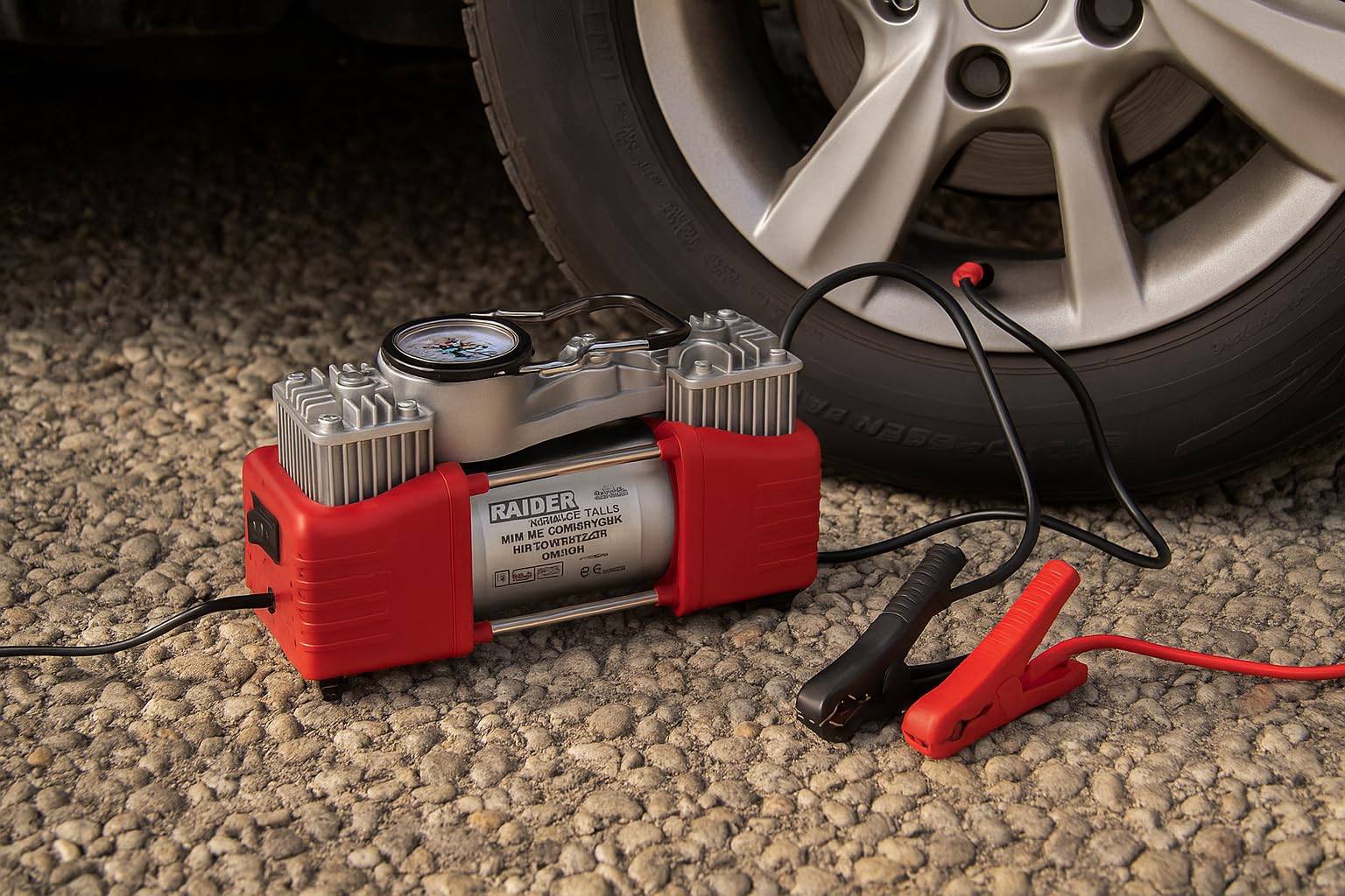 Compresor de Aire Portátil 12V 300W – 70L/min Doble Pistón con Manómetro, Conexión Mechero y Pinzas de Batería, Incluye Estuche con Accesorios – Para Coche, Moto y Furgoneta