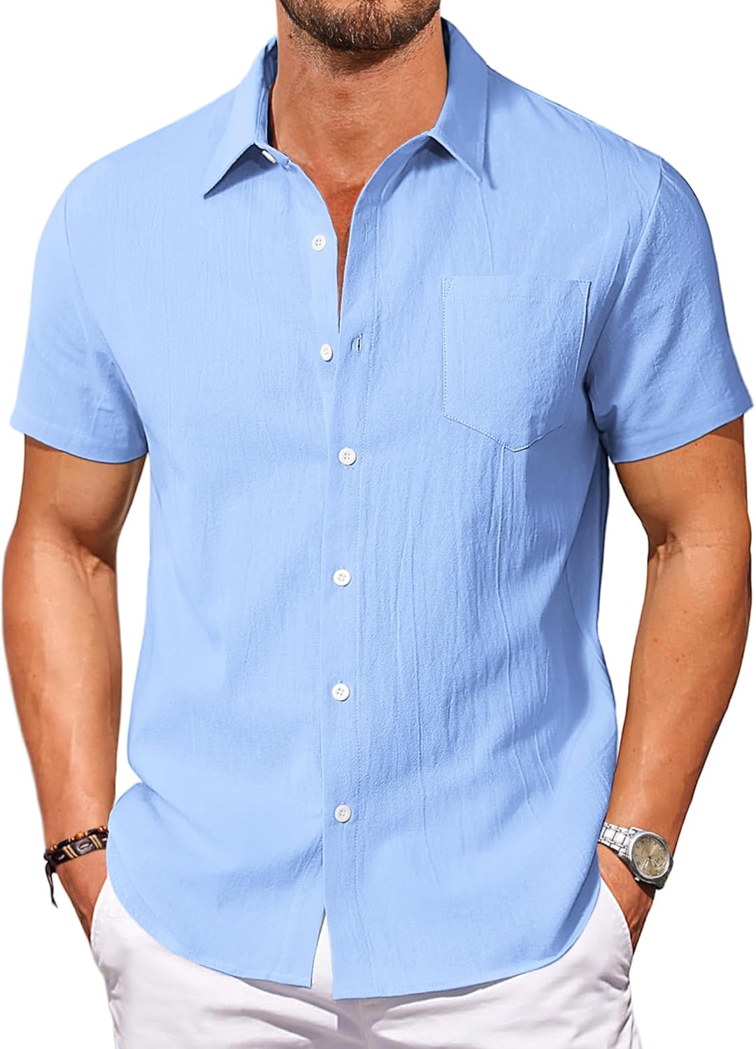 Vssjavun Mens Short Sleeve Button Down Shirts Linen-Look Cotton Shirt Summer Beach Shirts