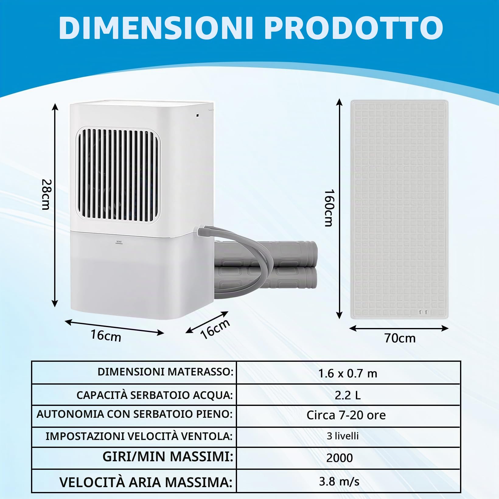 Materasso raffreddato ad acqua, 2000 giri/min, materasso con raffreddamento ad acqua e telecomando a infrarossi, 3 velocità tappetino rinfrescante per letto per camera da letto (1,6 x 0,7 m)