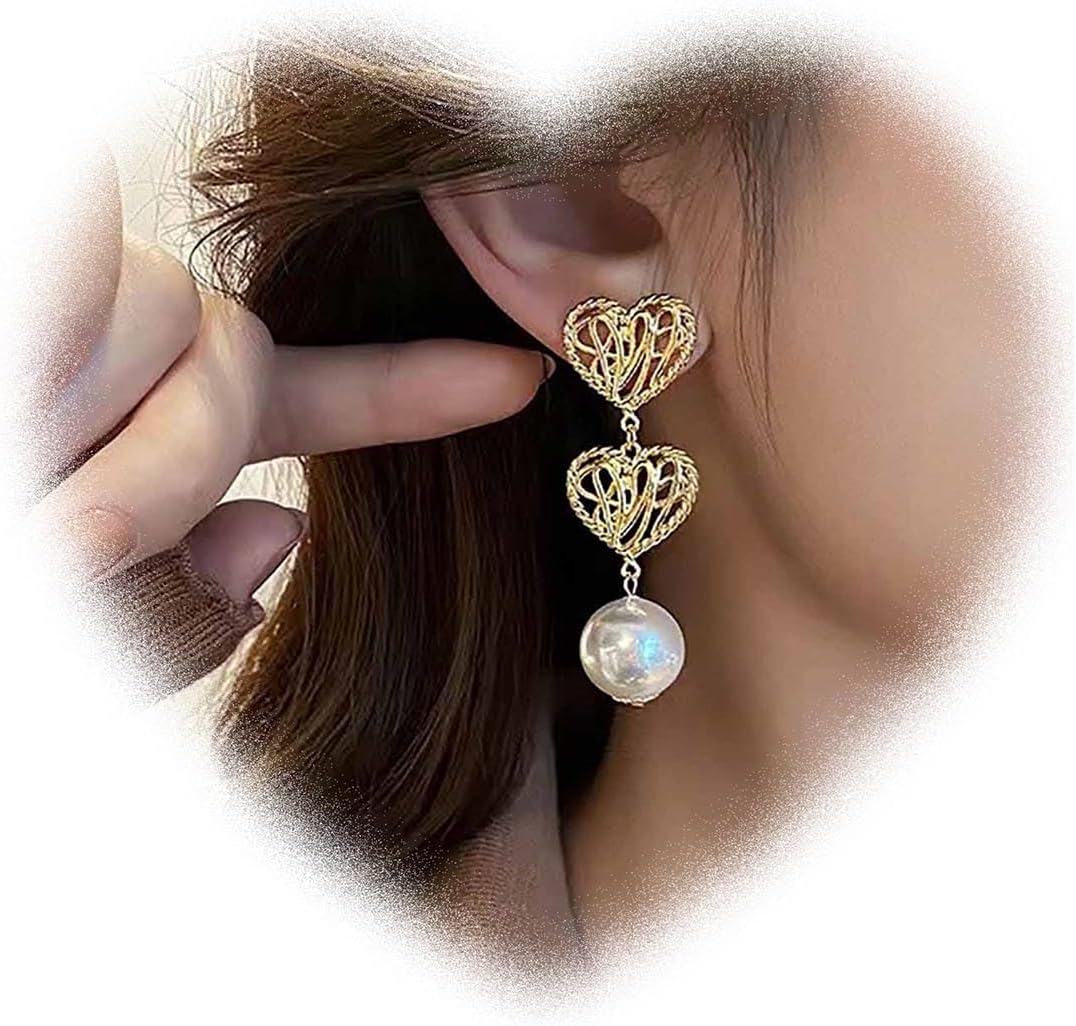 W WEILIRIAN Boho Love Heart Dangle Earrings Vintage Pearl Drop Earrings for Girls Gold Heart Earrings Hollow Heart Stud Earrings Jewelry for Women Gifts