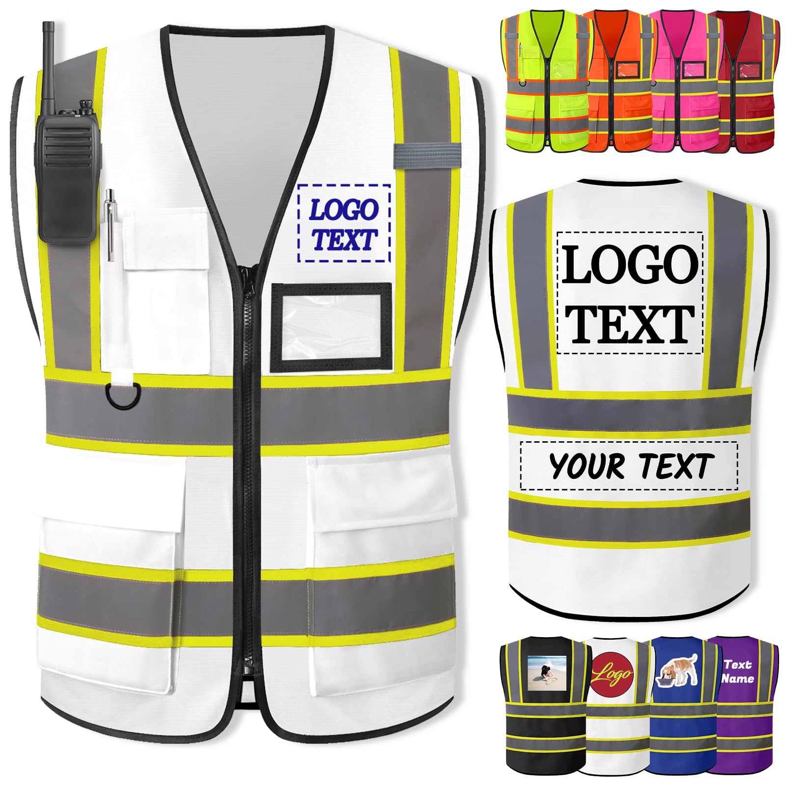 Personalised Safety Vest with Logo Custom Reflective Vest Two Tone High Visibility Safety Vests for Men Women Working, White