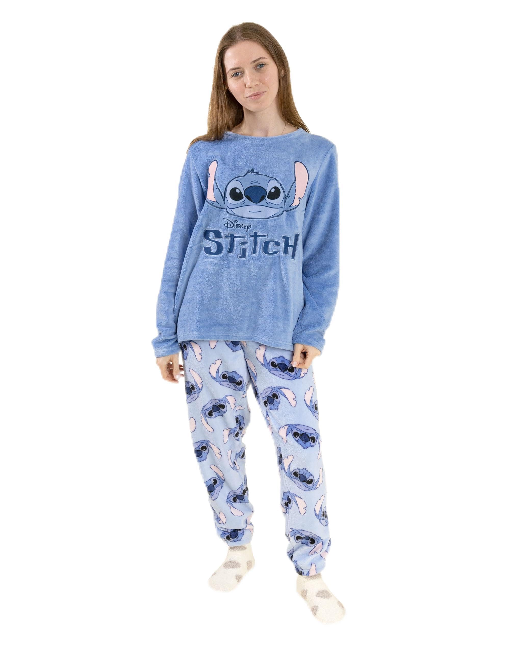 Disney Women's Blue Lilo & Stitch Long Sleeve Long Leg Pyjama Set | Cosy Fleece Sleepwear With Stitch Print Nightwear For Bedtime & Relaxing Merch - XX-Large
