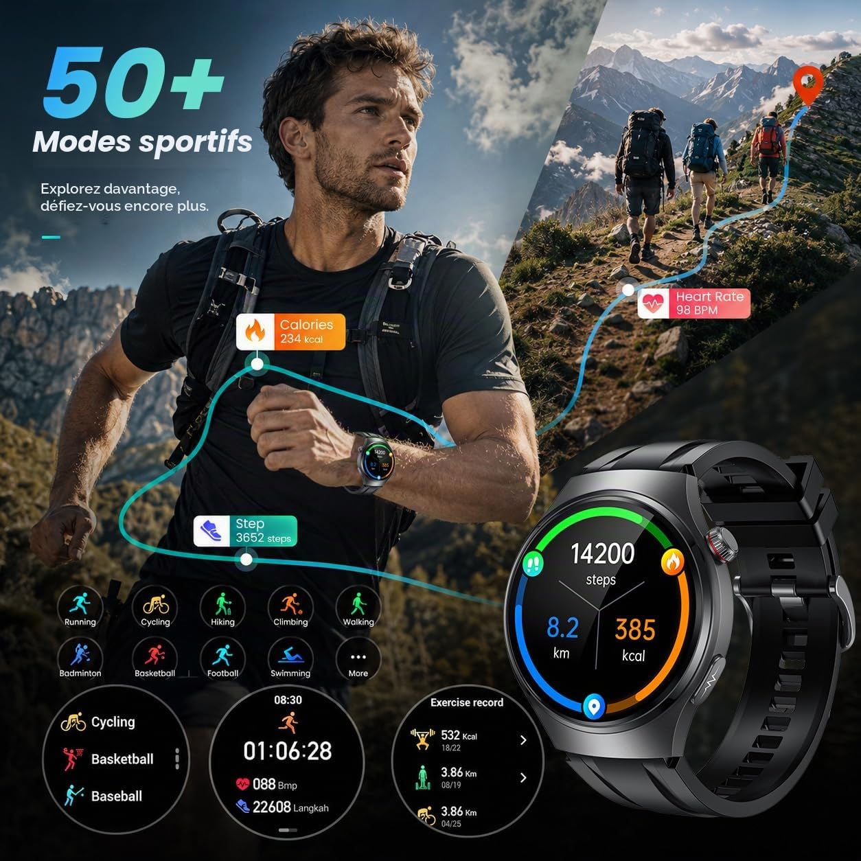 Montre Connectée Homme ECG+HRV Smartwatch: 1.43" AMOLED Montre Intelligente Homme avec Fréquence Cardiaque Tension Arterielle SpO2 Sommeil Température Corporelle Appel Bluetooth pour iOS et Android