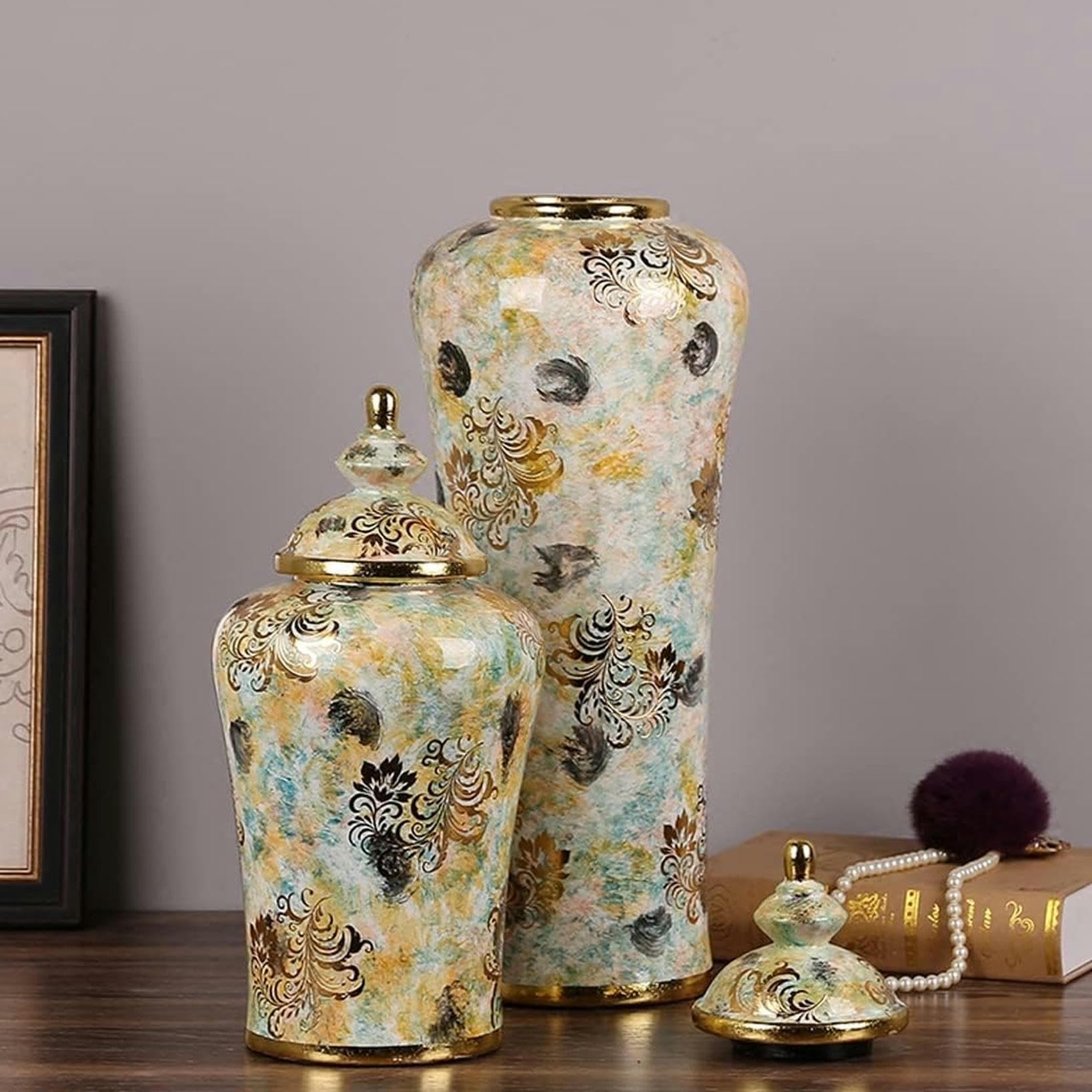 Jarrones De Cerámica Tarro De Jengibre con Tapa para Decoración del Hogar, Jarrón De Templo Dorado, Porcelana Tradicional China, Grandes Floreros Secos, Decoración para Sala De Estar, Mesa Central