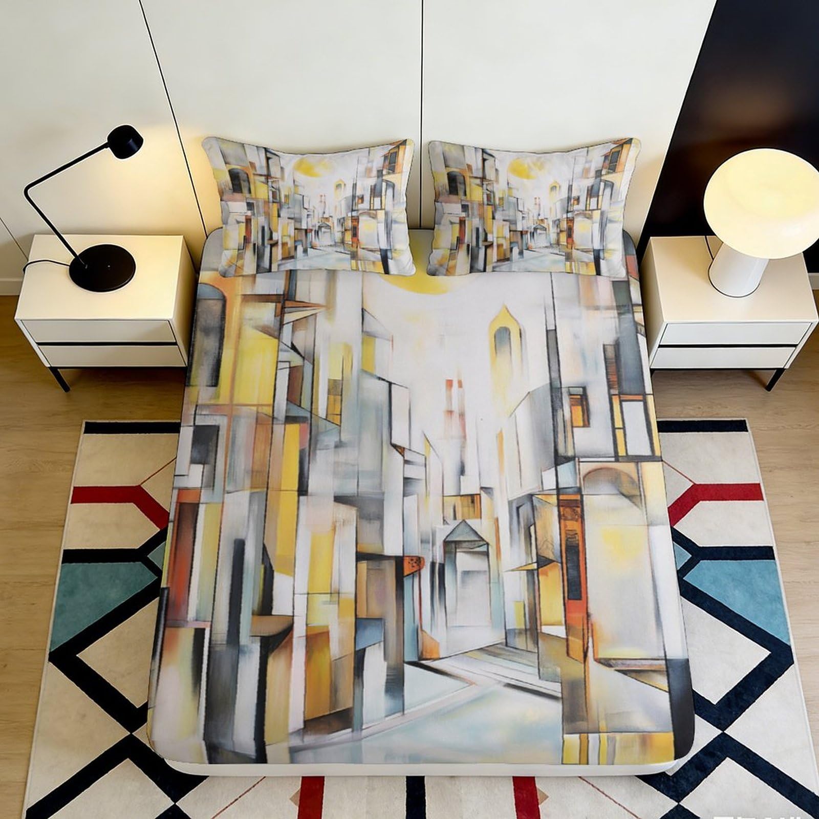 3D Printed Abstract Geometric Fitted Sheet Microfiber Modern Art Mattress Cover for Bedroom Guest Room Dorm Decoration 90x200x25cm