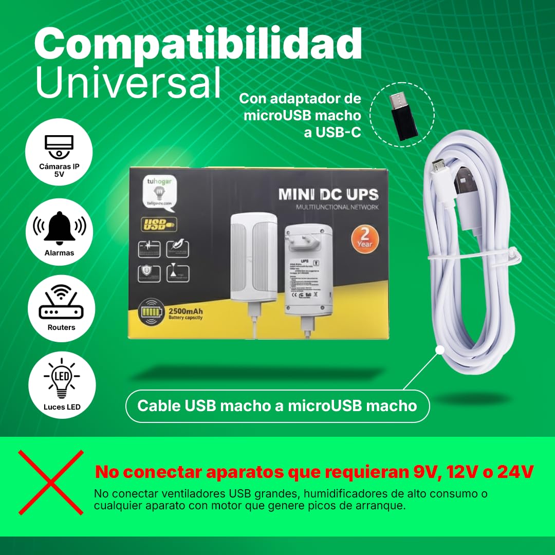 Mini UPS 5V | Mini SAI de Gran Capacidad, Batería Interna 2500mAh y Conector USB | Sistema de Alimentación Ininterrumpida Compacto para Router, Cámaras Vigilancia, Alarmas y Dispositivos a 5V (Máx 2A)