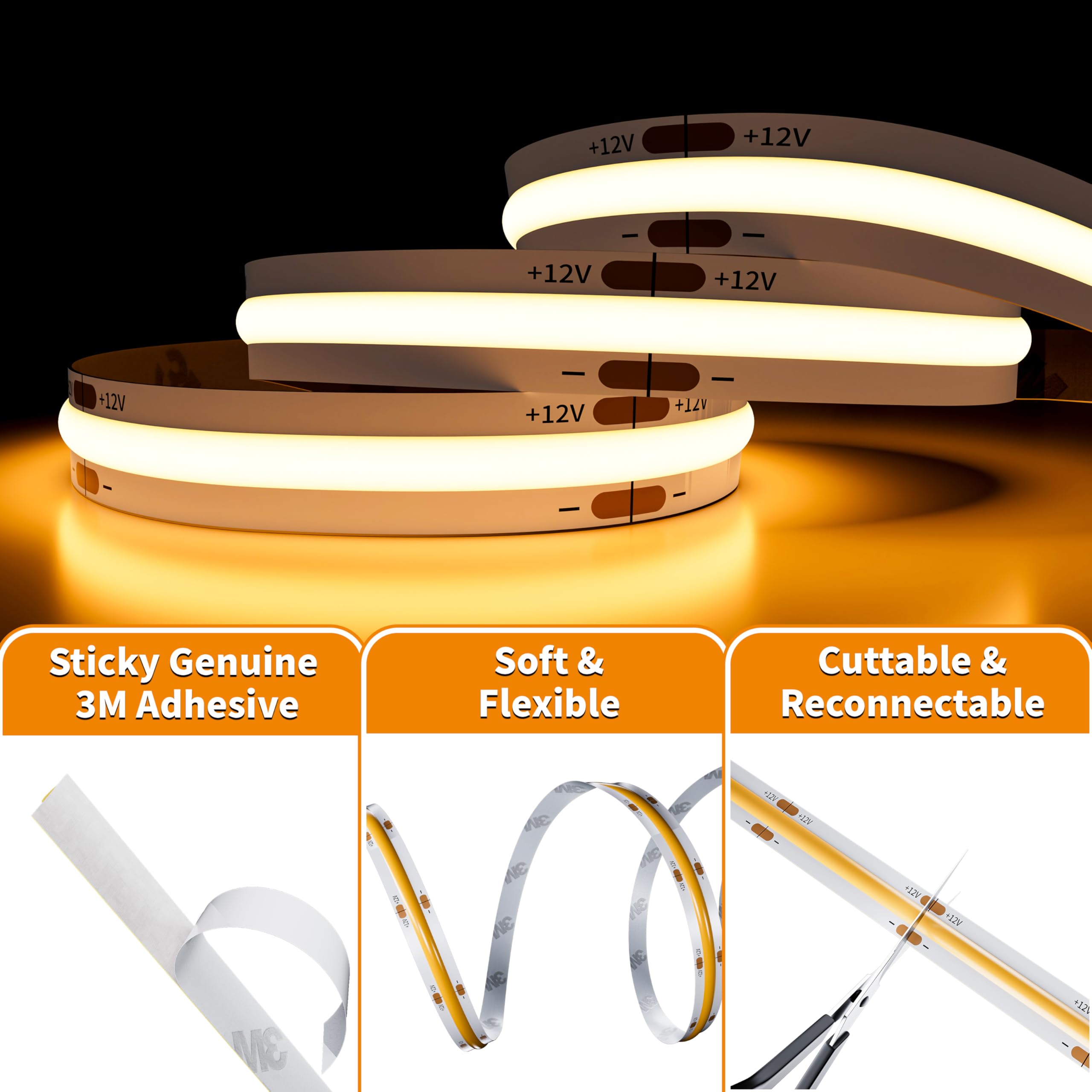 PAUTIX COB - Tira de luces LED de 2700 K DC12 V, 18 pies/5,5 m, color blanco cálido para proyectos de iluminación de cocina y hogar con 1 cable de extensión de conector (fuente de alimentación no