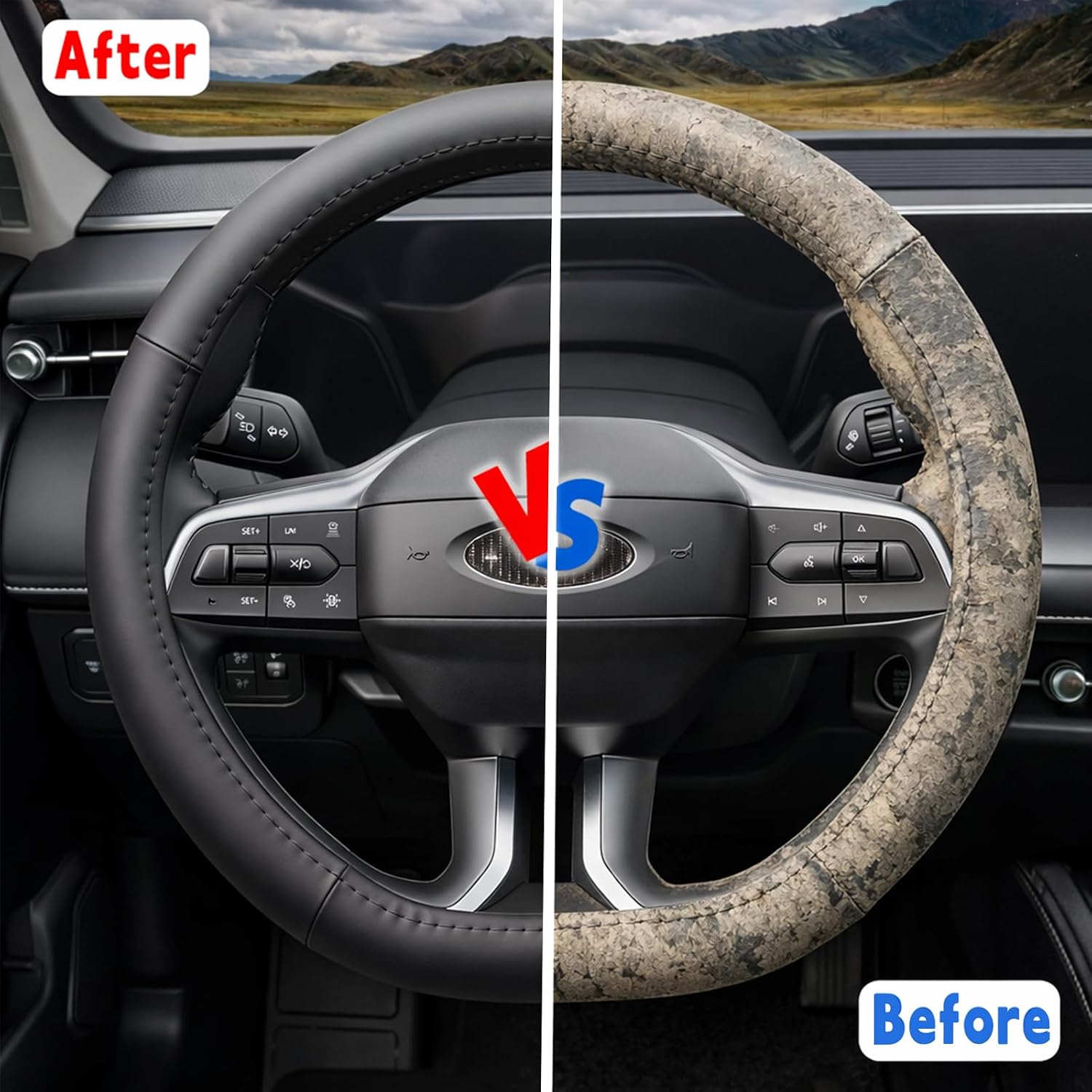 D-Shaped Car Steering Wheel Cover - Full Set Design with Nappa Leather & Blend,Perforated Breathable Anti-Slip fit for 14.5-15 Inch (37-39cm), Universal for Cars & SUVs, Black