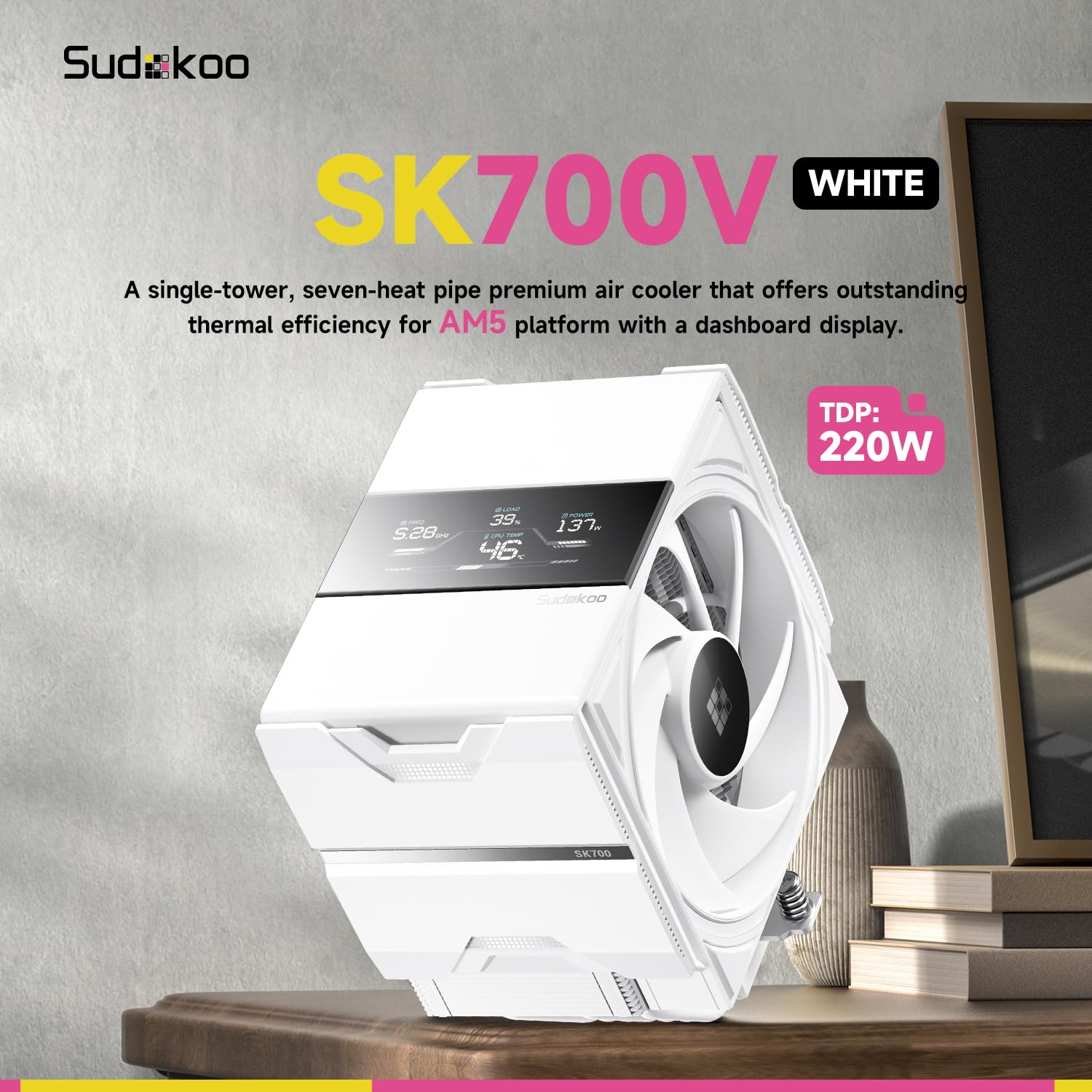 Sudokoo SK700V Bianco Dissipatore AM5 CPU Cooler con Schermo Digitale+Sudokoo Kit di Montaggio per AMD AM4 e Intel LGA 1851/1700/1200/115X