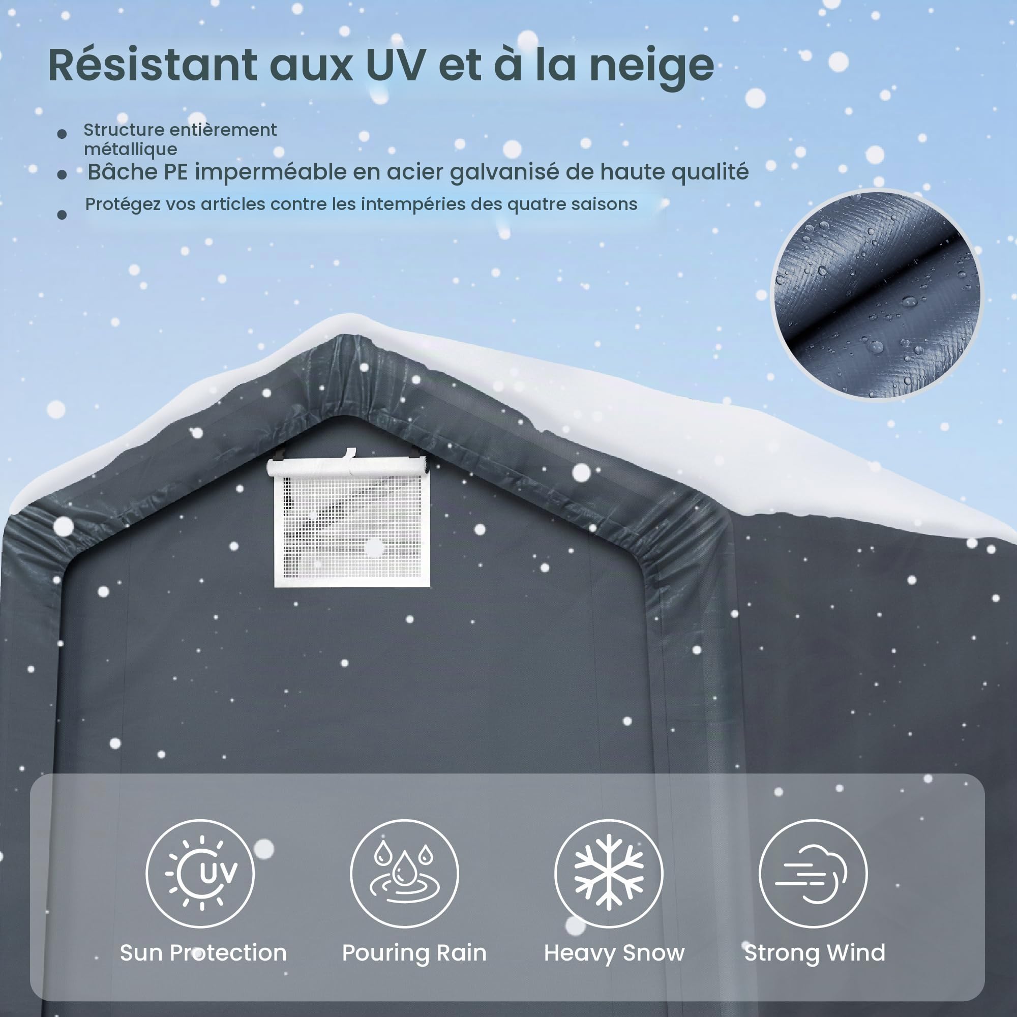 PHI VILLA Abri de jardin 2,4 x 3,7 m - Abri de rangement pour vélo et moto - En plastique - Portable - Facile à assembler - Avec 2 portes