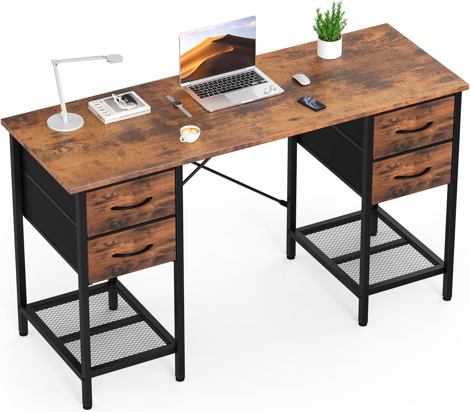 Computer Desk 55 Inch with 4 Drawers Home Office Table with Mesh Shelf for Work Study Writing Gaming Storage Furniture for Bedroom, Rustic Brown