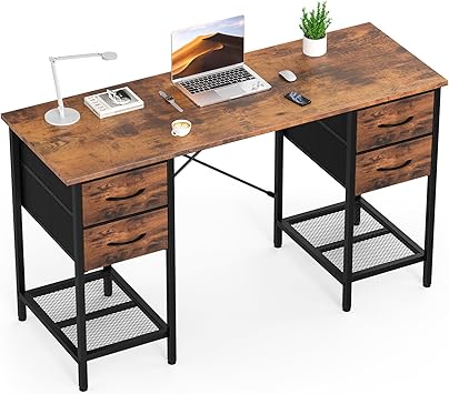 Sweetcrispy Computer Desk with Drawers 55 Inch Home Office Bedroom Table 4 Fabric Drawers 2 Mesh Storage Shelves Wood X-Shaped Writing Study PC Desk Workspace Side Hook Metal Frame Organizer Brown