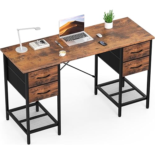 DUMOS Computer Desk 55 Inch with 4 Drawers Home Office Table with Mesh Shelf for Work Study Writing Gaming Storage Furniture for Bedroom, Rustic Brown
