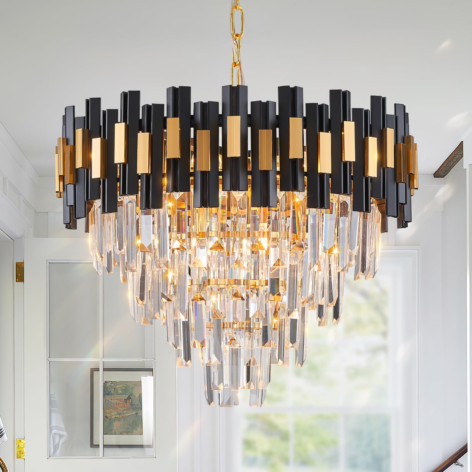 CATINER Modern Crystal Chandeliers for Dining Room 20 Inches Black and Gold Luxury Round Ceiling Pendant Light Fixture 4 Tier 8 Lights Chandeliers Crystals for Living Room Bedroom Entrance