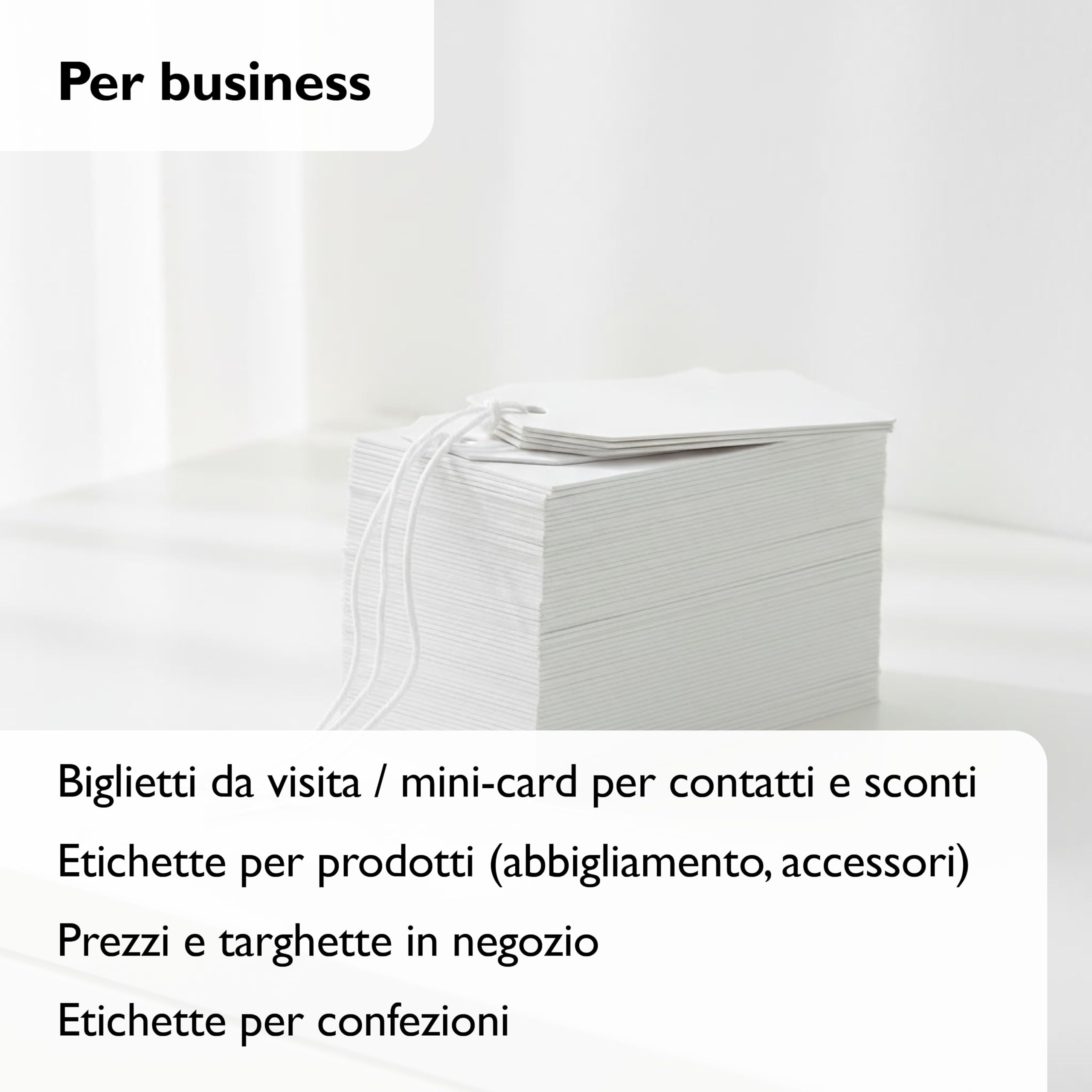 Cartellini Bianchi Premium, 65x35 mm, 300 g/m², 200 Pezzi con Laccetti (già infilati), Cartellini per Etichette Prodotti e Prezzi