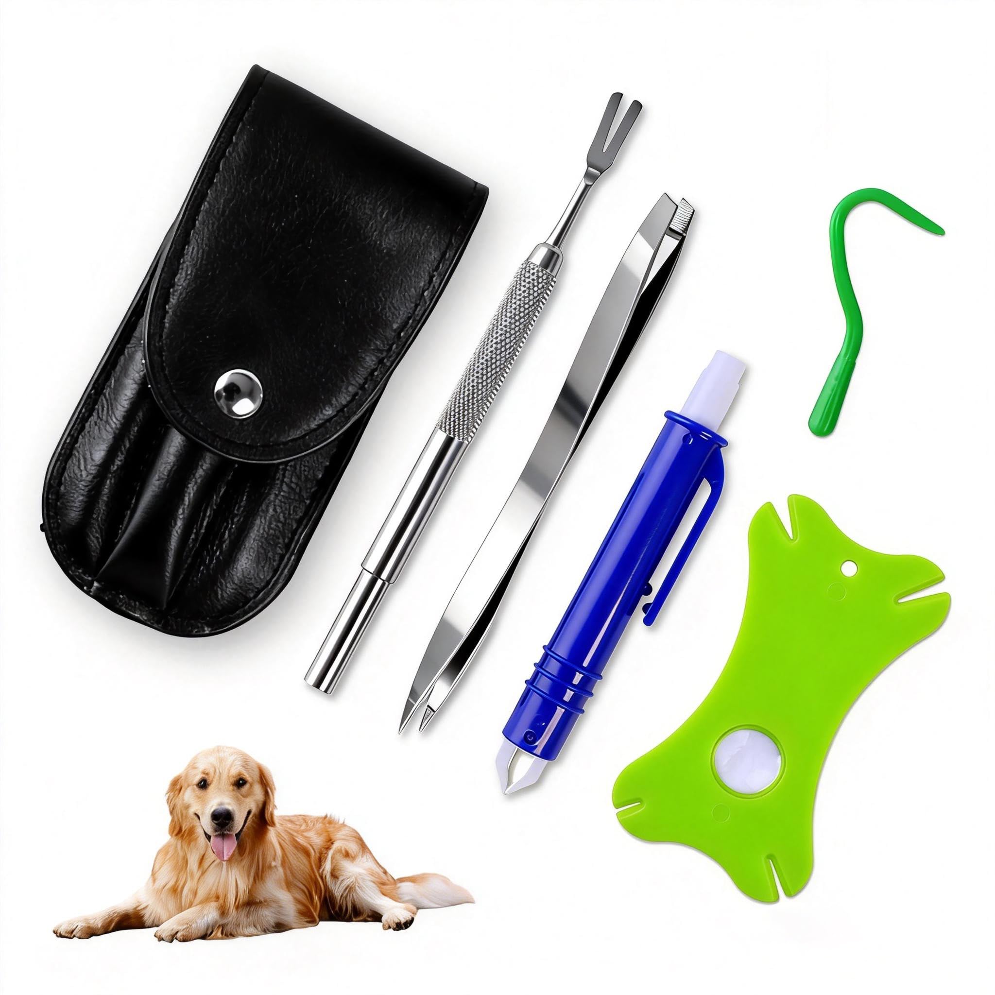 Pince à Tiques, 6 Pièces Pince à Tique Chien, Pince-Anti Tique, avec Loupe et Sac de Rangement, Idéales pour Retirer Les Tiques, Les Poux et Saletés