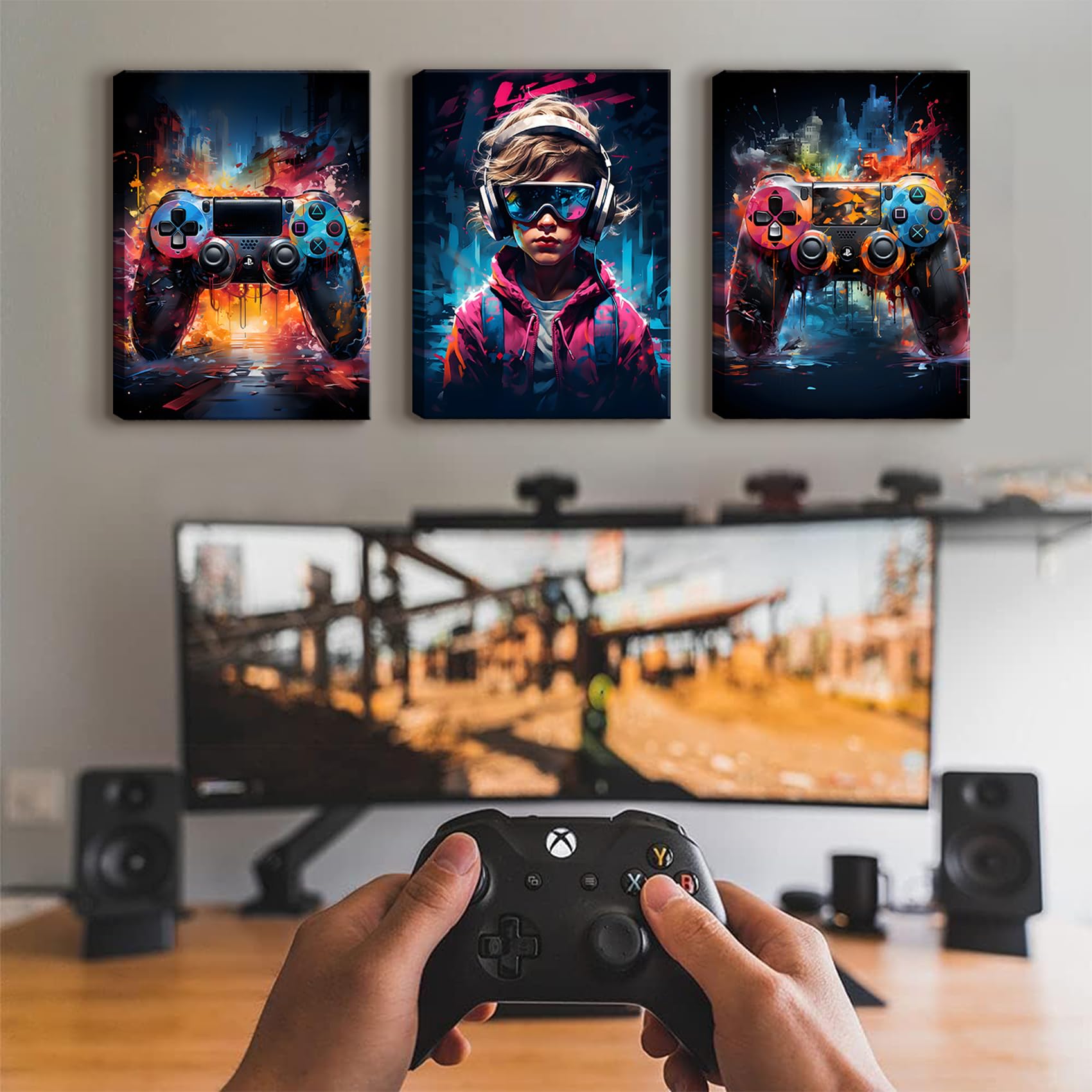 QGNBGBJ Poster con cornice, graffiti, gamepad, decorazione da parete con auricolari, stampa artistica da parete per adolescenti, ragazzi, bambini, giovani, sala giochi, opera d'arte (40,6 x 61 cm)