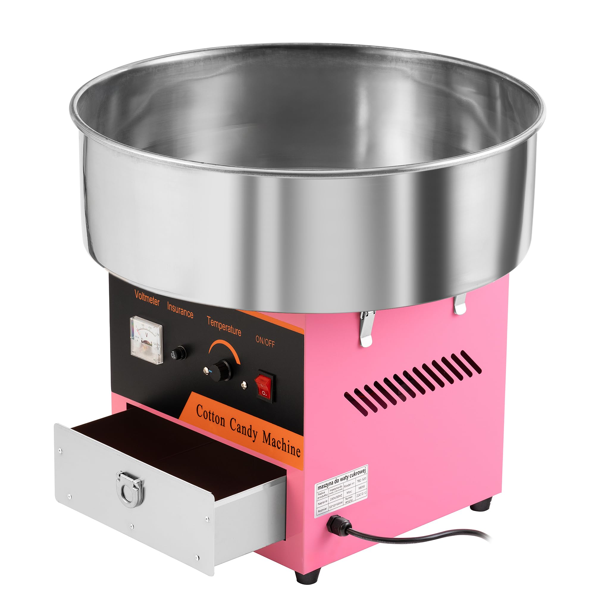 Professionelle Zuckerwattemaschine 980W – Elektrische Zuckerwatte Maschine aus Edelstahl mit Temperaturregelung & Aufbewahrungsschublade | Zuckerwattemaschine für Events, Partys & Gastronomie