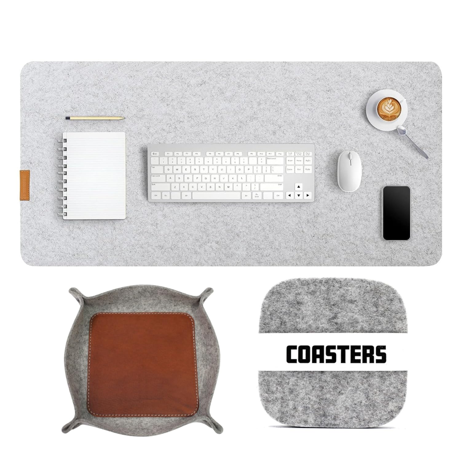 Tierno Combo of 3 Pack (1 Felt Desk Pad,1 Felt Tray,4 Felt Coster) Daily Objects Desk Pad Super Smooth Felt for Gaming,1 Desk Mat, 1 Felt Tray,Felt Coaster Set of 4 (Light Gray Colored) (60x30 cm)