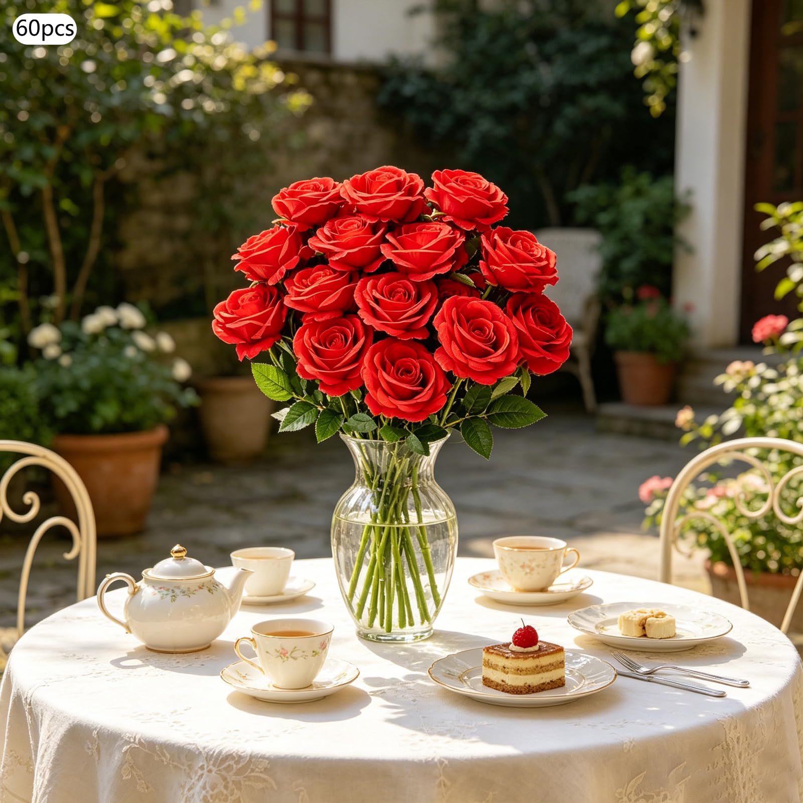 60 rose artificiali in seta, fiori decorativi per la casa (rosso)