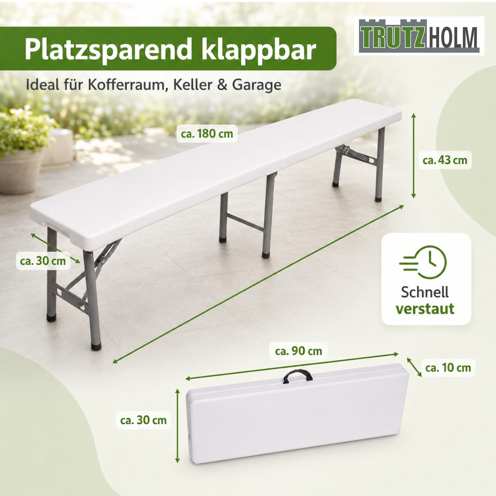 TRUTZHOLM Bierzeltbank 2er Set klappbar 180 cm für je 4 Personen, weiß, Stahlgestell pulverbeschichtet, HDPE-Sitzfläche, mit Tragegriff, witterungsbeständig, für Innen- und Außenbereich