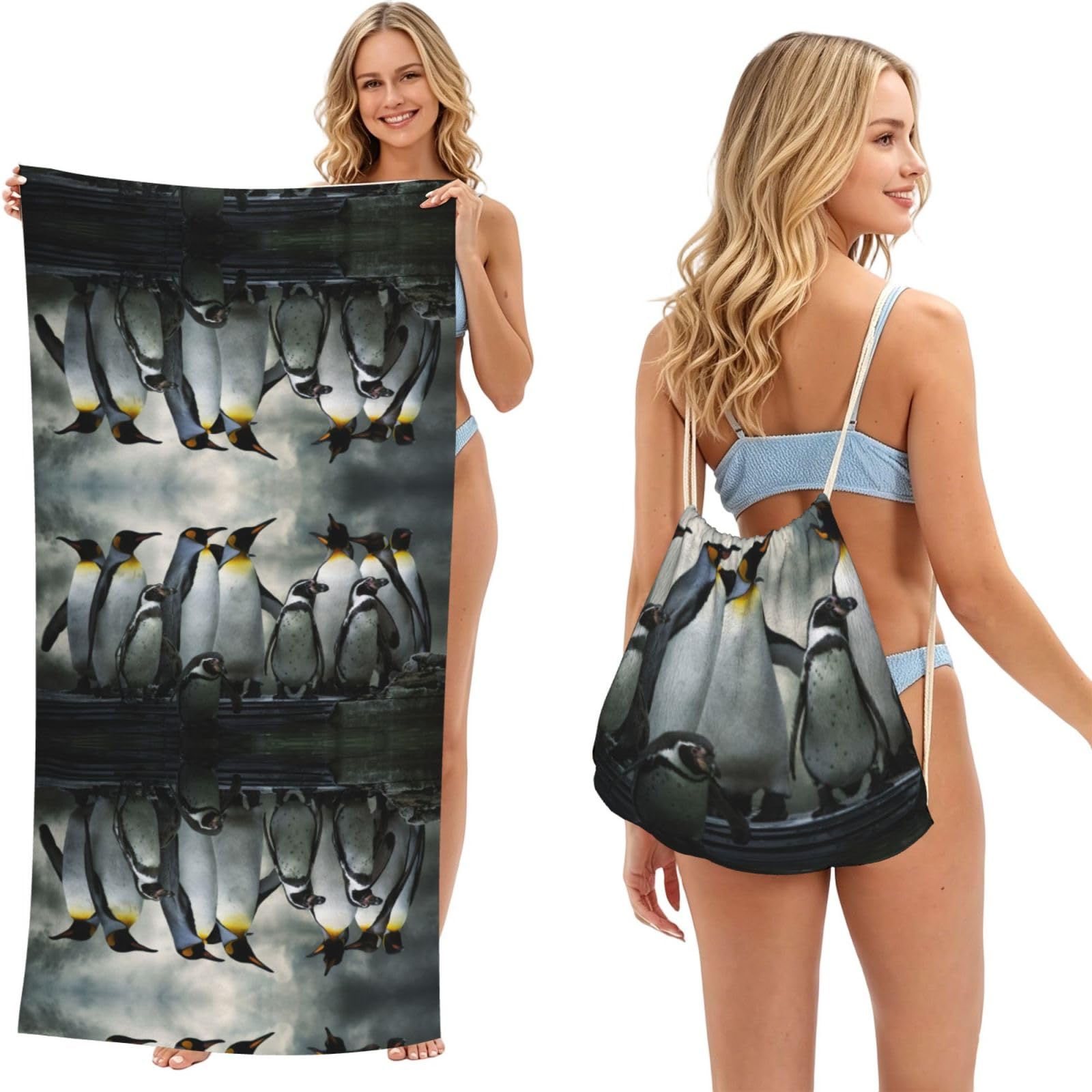 ESNAIUVCD Penguin Family Print Beach Towel For Adults,Towel With Drawstring Bag, Travel Pool Swimming Sports Shower Sand Free Quick Dry Bath Towel For Pool, Beach, Yoga- 180x60cm