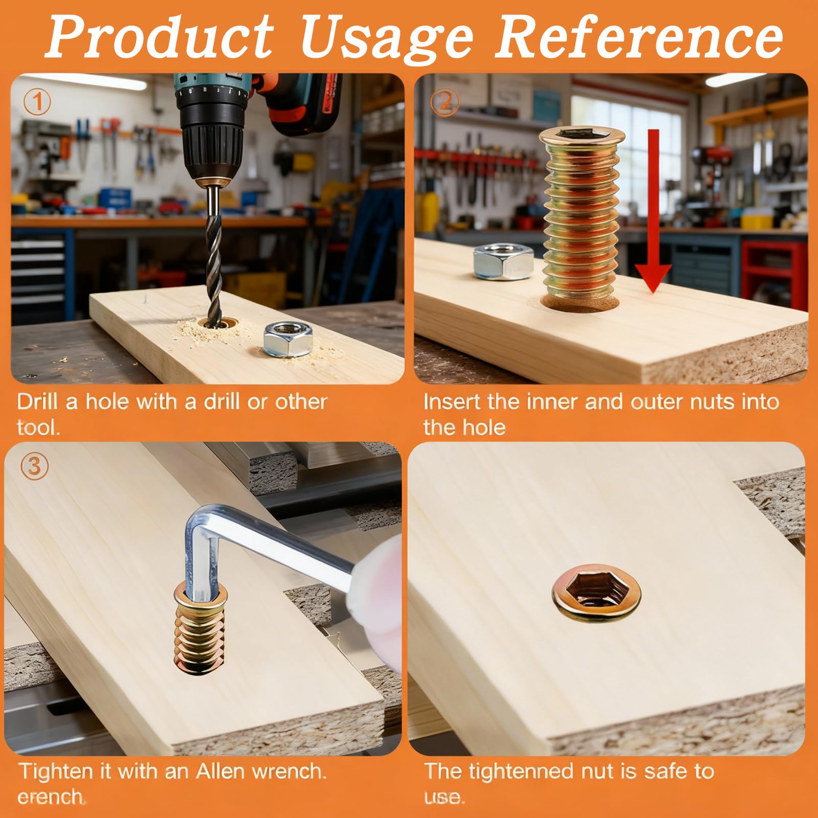 Inserti filettati per Legno M8 30 Pezzi M8x30mm in Acciaio zincato Resistenti alla ruggine Dadi a Inserto per mobili Fai da Te Montaggio strutture in Legno per casa e Officina