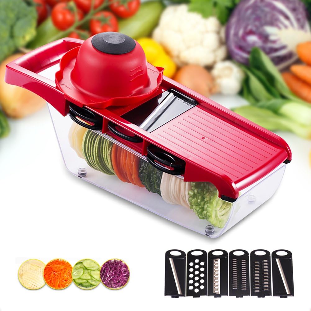 KSH Multifuncation Vegetable Fruit Slicer and Chopper with Protect Hand Holder and Food Container Cheese Cutter Kitchen Mandolin Include 5 Interchangeable Stainless Steel Blades