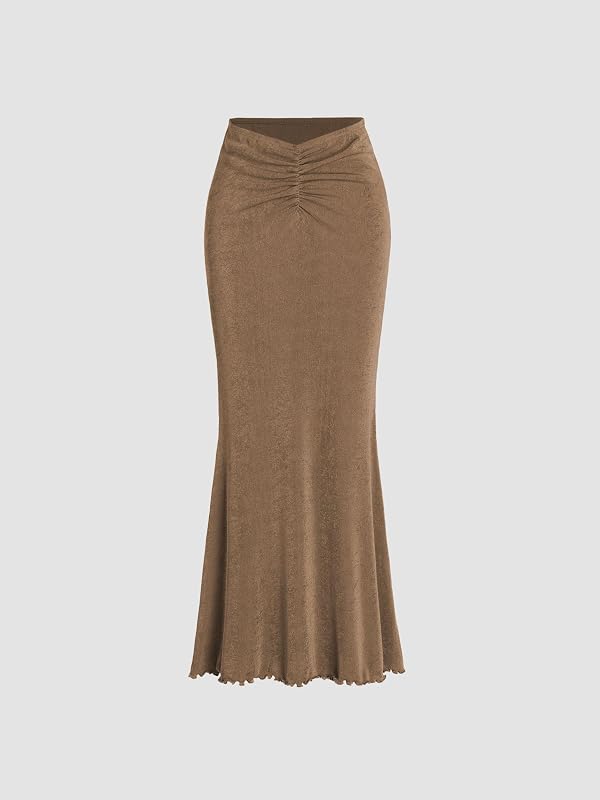 CIDER High Waist Skirts for Women - Solid Fishtail Ruched Bodycon Long Maxi Skirt Lettuce Trim Stretchy Dress Spring Fall: Khaki, M by CIDER - Used condition - Image 5
