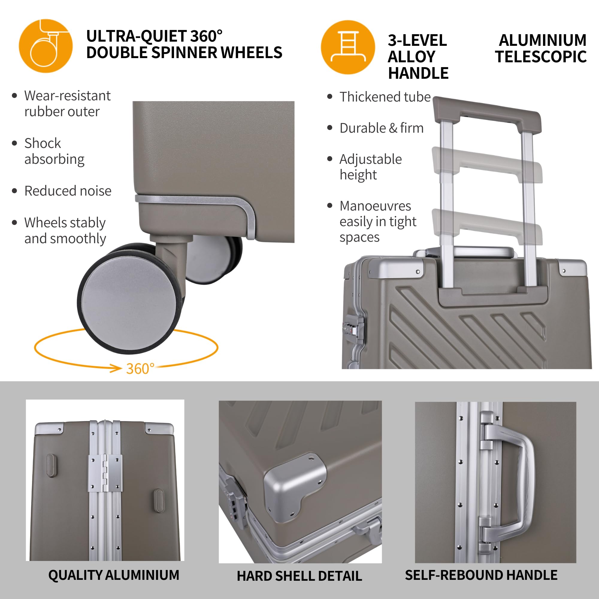 JLY Valigia Rigida 100% Policarbonato Senza Cerniera, Trolley da Viaggio con Doppio Lucchetto TSA, 4 Ruote Girevoli e Manico in Lega di Alluminio, Bagaglio da Stiva (Grigio Kaki, S (56cm 37L))