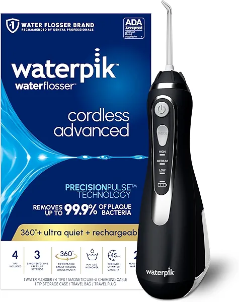 Waterpik Cordless Advanced 2.0 Water Flosser For Teeth, Gums, Braces, Dental Care With Travel Bag and 4 Tips, ADA Accepted, Rechargeable, Portable, and Waterproof, Black WP-582, Packaging May Vary