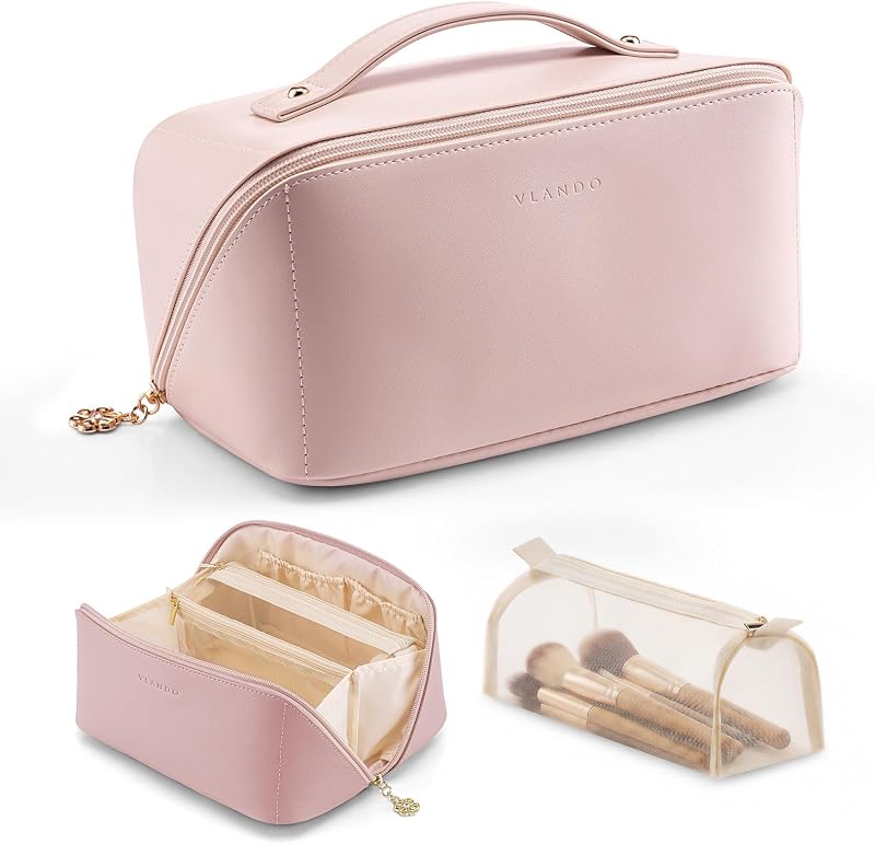 Necessaire de maquiagem VLANDO com abertura plana, bolso de TPU com zíper, 04.Pink
