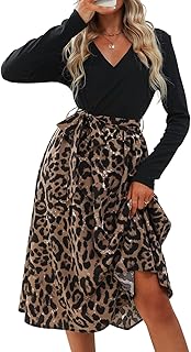 Women's Maxi Dress V Neck Long Sleeve Tie Belt A-Line Casual Dress Party Cocktail Midi Skater Dress